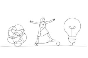 Cartoon of smart muslim businesswoman walking away from mess chaos line to simple lightbulb idea. Simplify idea. Single continuous line art style vector