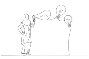 Illustration of arab muslim businesswoman on ladder watering to fill in liquid in idea light bulb concept of idea development. One continuous line art style vector