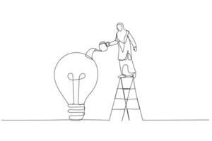 Drawing of arab muslim businesswoman chasing and catch flying lightbulb ideas with net concept of business ideas. Single continuous line art style vector