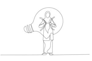 Cartoon of arab muslim businesswoman go inside light bulb to fix or invent new idea metaphor of entrepreneurship. Continuous line art style vector