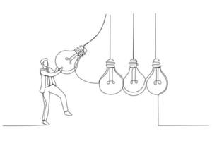 Illustration of businessman manager pull bright lightbulb as pendulum to transfer knowledge. Single continuous line art vector