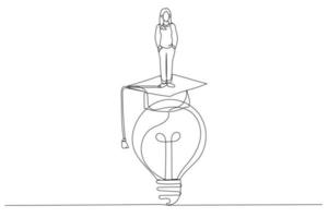 Drawing of businesswoman climb up bright light bulb idea waring mortarboard graduation cap concept of education help. One continuous line art style vector