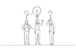Drawing of businesswoman with question sings and lamp idea concept of find right decision. Single continuous line art vector
