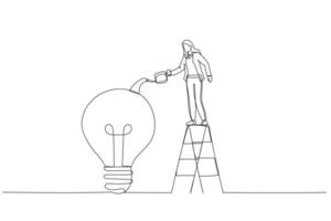 Drawing of businesswoman on ladder watering to fill in liquid in idea light bulb concept of idea development. Single continuous line art vector