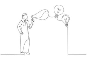 Drawing of arab muslim businessman blowing soap bubble into innovation bright light bulb ideas metaphor of creativity. One line art style vector