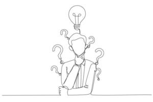 Drawing of businessman with question mark and lamp. Continuous line art style vector