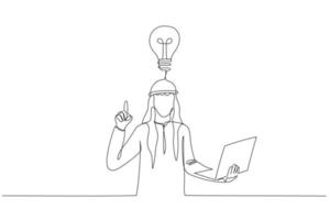 Drawing of astonished arab businessman direct finger up find out solution. One line style art vector
