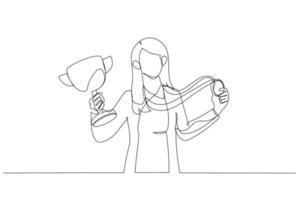 Drawing of businesswoman standing holding golden medal and first prize trophy. Single line art style vector