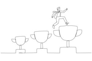 Cartoon of businessman jumping from small win trophy to get bigger one goal. One line art style vector