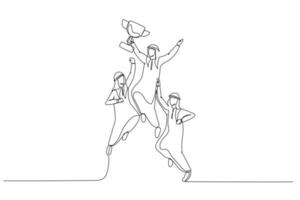 Drawing of arab businessman jumping holding trophy get reward and celebrate. Single line art style vector