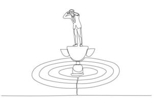 Illustration of businessmen standing above trophy on dartboard using binoculars. Single line art style vector