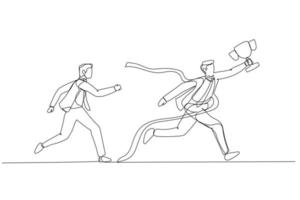 Drawing of businessman get to the finish line winning fierce competition. Continuous line art style vector