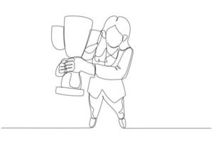 Drawing of businesswoman happy holding trophy showing success and achievement. One line art style vector