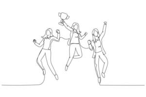 Cartoon of businesswoman jumps in the air with trophy cup in the hand getting recognition. Single line art style vector