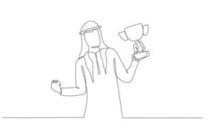 dibujo de un hombre de negocios árabe sosteniendo un trofeo de éxito para obtener un ascenso. un estilo de arte de línea continua vector