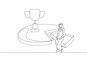 Illustration of arab businessman working effective and efficient and being productive get trophy. Continuous line art style vector