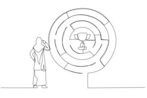 Drawing of muslim businesswoman finding the way in labyrinth to reach path to success. Single continuous line art style vector