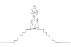 Cartoon of muslim businesswoman on top of the stairs being a winner with trophy. Single line art style vector