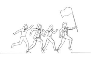 Illustration of businesswoman hold flag and lead the way. Single line art style vector