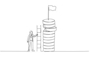 caricatura de mujer de negocios sube una escalera para obtener una bandera encima de una enorme ganancia de dinero. arte de estilo de una línea vector