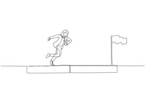 Cartoon of businesswoman run on progress bar to achieve success flag concept of progress. One line art style vector