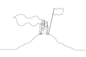 Drawing of businesswoman with hero cape on mountain. Single continuous line art style vector