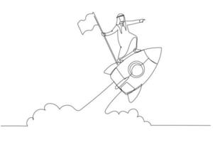 Cartoon of arab businessman holding number one flag standing on flying rocket. One continuous line art style vector