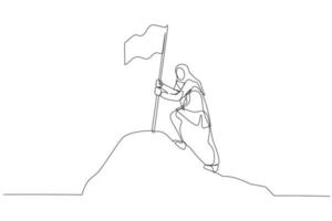 Drawing of muslim woman enterpreneur with flag on mountain peak concept for achievement. Single continuous line art style vector