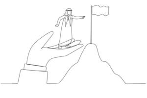 Drawing of arab man stand on giant helping hand to reach top of mountain target flag. Continuous line art vector