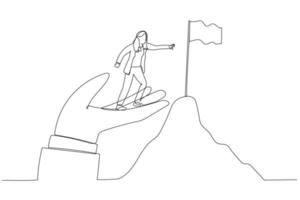 Cartoon of businesswoman stand on giant helping hand to reach top of mountain target flag. Continuous line art style vector