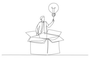 Illustration of businessman get out of paper box with new illumination lightbulb idea. Think outside the box. Single continuous line art style vector