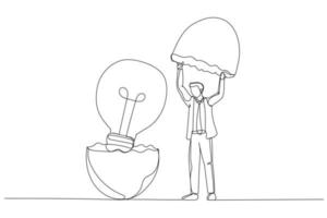 Illustration of businessman entrepreneur discover hatching egg with lightbulb idea inside. New creative idea. Single continuous line art vector