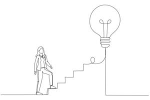 caricatura de mujer de negocios comienza a caminar en la línea de electricidad como escalera a la bombilla de la gran idea. creatividad para los negocios. estilo de arte de línea continua única vector