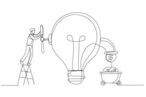 Illustration of businessman open lightbulb idea faucet to earn money coins. Idea to make money. Single line art style vector