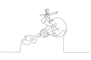 Cartoon of businessman leader riding flying bright lightbulb lamp with rocket booster in the cloud sky. Creative new idea. One line art style vector