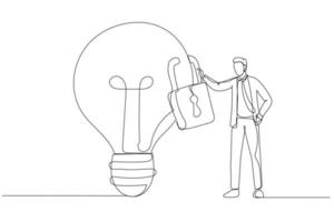 Cartoon of businessman owner standing with light bulb idea locked with padlock for patents. Intellectual property. One line art style vector