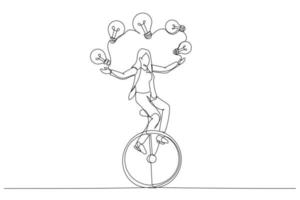 Cartoon of businesswoman riding unicycle juggling lightbulb lamp. Plenty ideas. One line art style vector