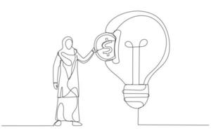 Illustration of muslim businesswoman putting dollar coin into slot in light bulb. Investing concept. Continuous line art vector