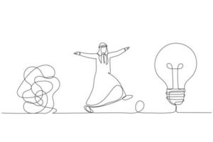 Drawing of smart arab businessman walking away from mess chaos line to simple lightbulb idea. Simplify idea. Continuous line art style vector