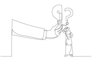 Drawing of muslim businesswoman stand with question mark sign then helping hand put half of lightbulb lamp . Business problem. Single line art style vector