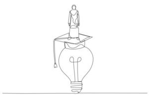 Illustration of arab muslim businesswoman presenting innovative lightbulb with cogs and gears concept of Innovation. Single continuous line art style vector