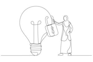 Drawing of muslim businesswoman owner standing with light bulb idea locked with padlock for patents. Intellectual property. Single continuous line art vector