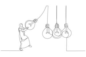 Drawing of arab muslim businesswoman climbing ladder built from pencil to find lightbulb concept of searching idea. Single continuous line art vector