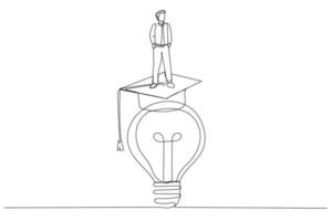 Drawing of businessman go inside light bulb to fix or invent new idea metaphor of entrepreneurship. Continuous line art vector