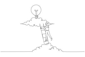 Illustration of businesswoman climbing ladder built from pencil to find lightbulb concept of searching idea. Continuous line art vector