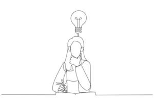 dibujo de una mujer de negocios que piensa en ideas productivas sentada en una laptop y un bloc de notas para notas. estilo de arte de línea continua única vector