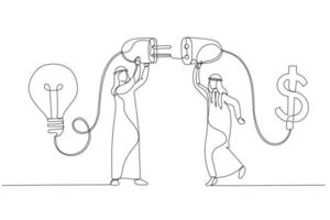 el dibujo de un hombre de negocios árabe musulmán conecta la bombilla con el concepto de signo de dólar de dinero de apoyo financiero. estilo de arte de una línea vector