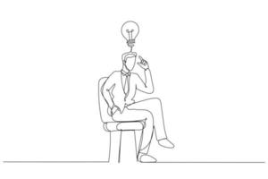 Drawing of businessman pointing finger to head and encouraging to think. Single continuous line art style vector