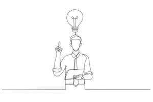 Drawing of astonish businessman finally found a solution how to make exercise having raised pen and notebook in hands. Continuous line art style vector