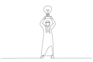 Illustration of arab businessman hands take a trophy cup that looks like a lightbulb on pedestal. Single continuous line art style vector